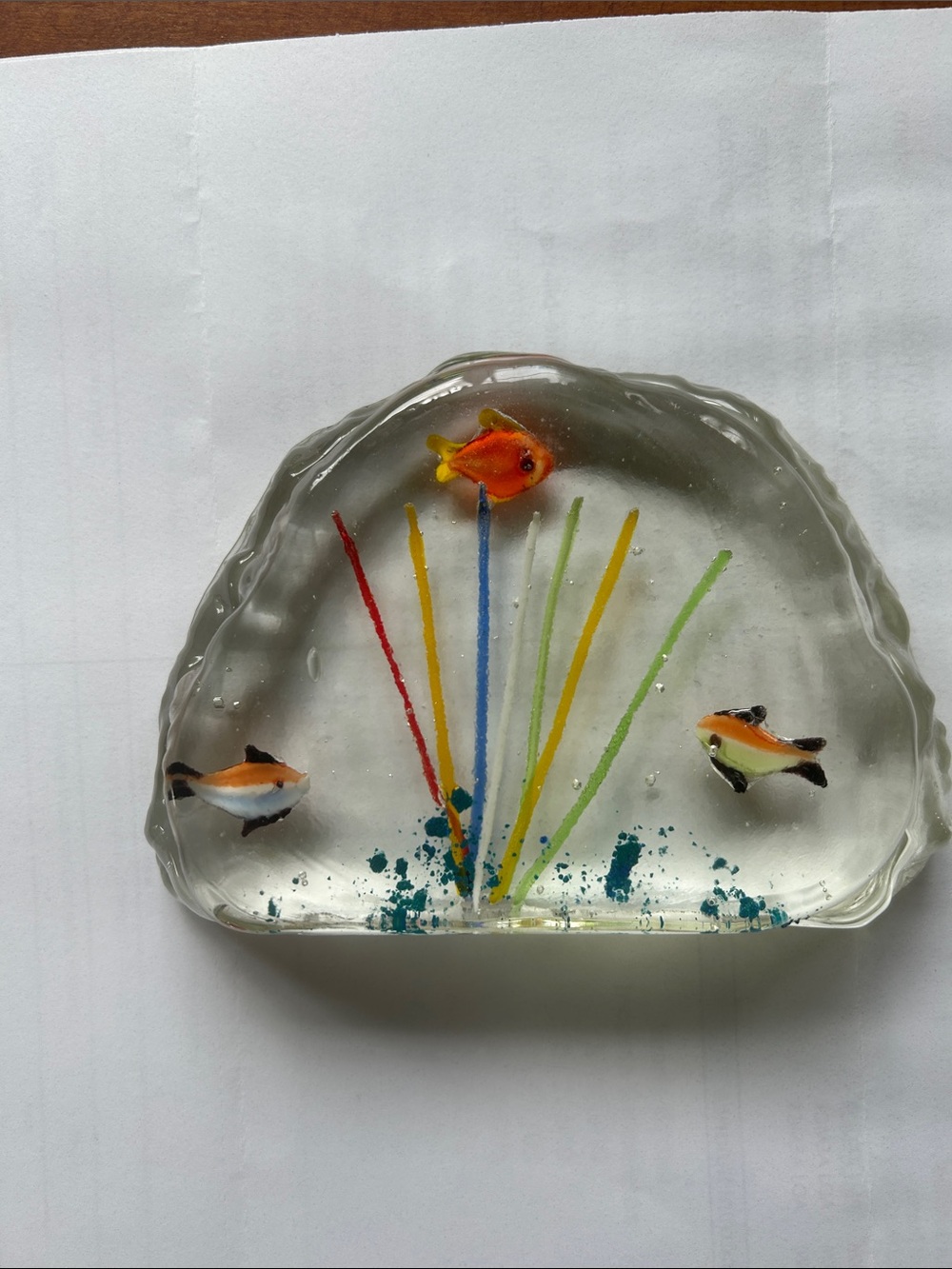 Vintage fish aquarium paperweight.  Mid century glass, tropical decor.